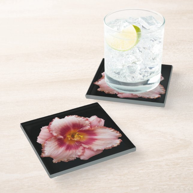 Dessous-de-verre En Verre Pink Daylily Bloom sur Black Floral (Incliné)
