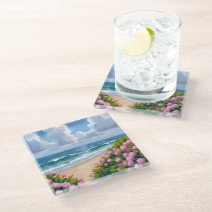 Dessous-de-verre En Verre Plage en fleurs   Hydrangea rose Côte océane Côtiè