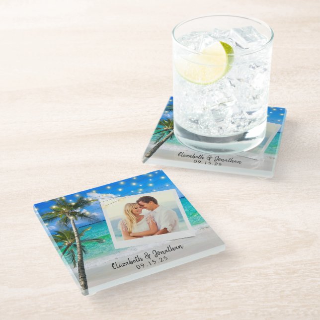 Dessous-de-verre En Verre Plage Photo Palm String Lumières Destination (Incliné)