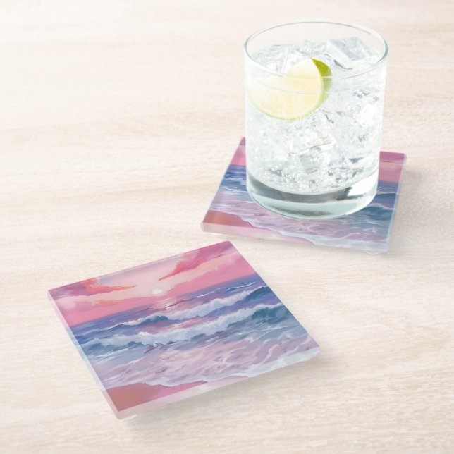 Dessous-de-verre En Verre Plage Rose Ocean Shore Peint (Incliné)