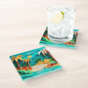 Dessous-de-verre En Verre Plage tropicale de Papercraft 3D