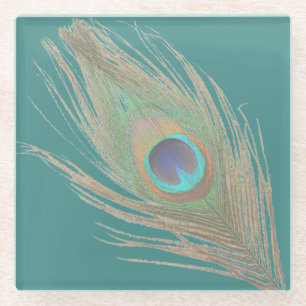 Dessous-de-verre En Verre Plume de paon sur Teal