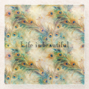 Dessous-de-verre En Verre Plumes Aqua Green Gold Peacock