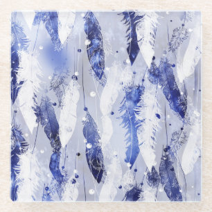Dessous-de-verre En Verre Plumes tombantes : motif bleu aquarelle.