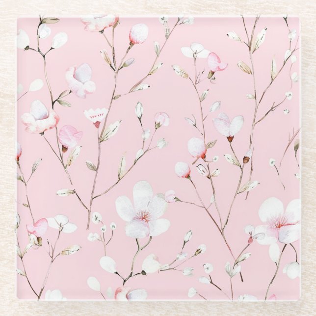 Dessous-de-verre En Verre Plutôt Rose Blanc Floral (Devant)