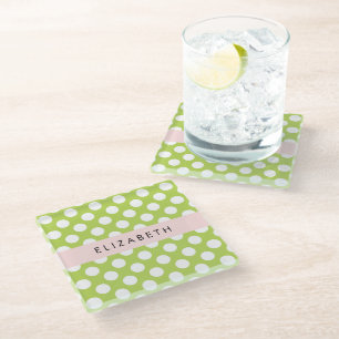 Dessous-de-verre En Verre Pois verts, Motif Pointe Polka, Votre Nom