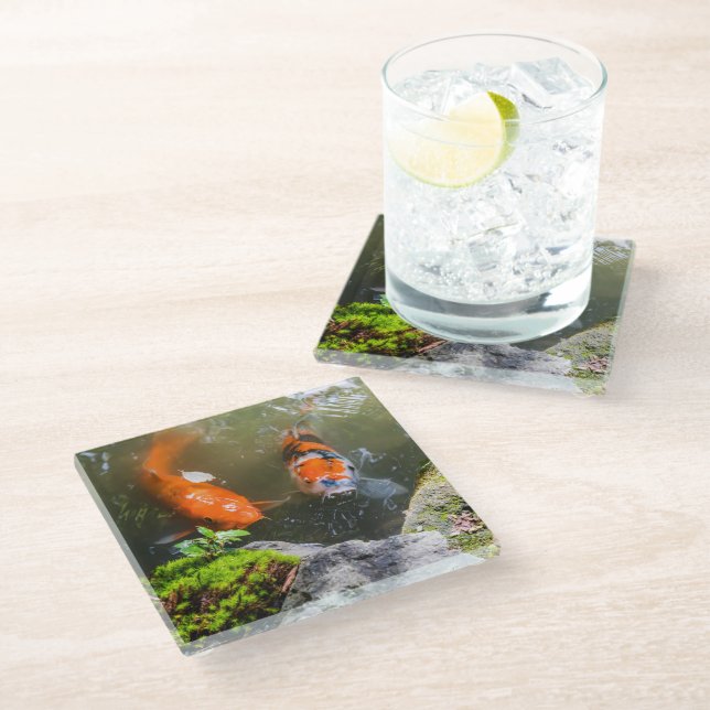 Dessous-de-verre En Verre Poisson Koi dans un étang (Incliné)
