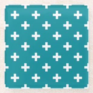 Dessous-de-verre En Verre Polka blanche croise sur turquoise
