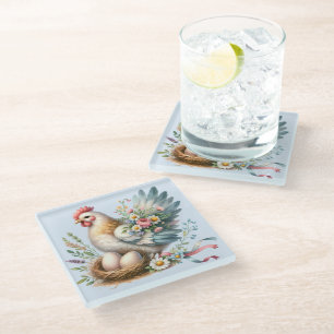 Dessous-de-verre En Verre Poule florale avec charme de maison de ferme vinta