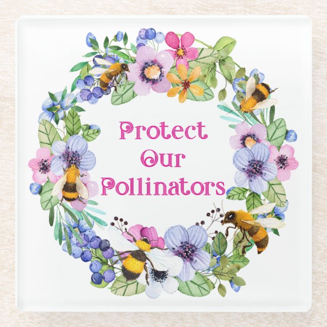 Dessous-de-verre En Verre Protéger nos pollinisateurs Fleurs d'abeilles (Devant)