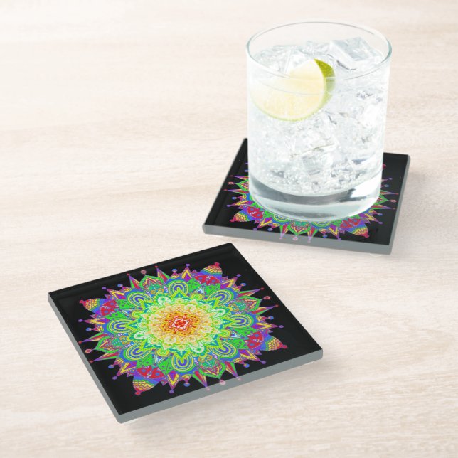 Dessous-de-verre En Verre Psychedelic Zen Mandala Art Abstrait (Incliné)