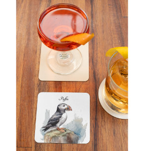 Dessous-de-verre En Verre Puffin sur une aquarelle rocheuse, personnalisé