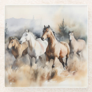 Dessous-de-verre En Verre « Quatre mustangs sauvages » Aquarelle poussiéreus