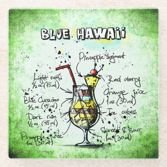 Dessous-de-verre En Verre Recette de boisson Blue Hawaii (Devant)