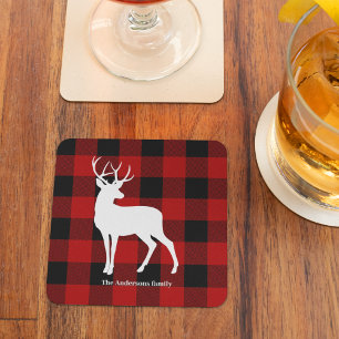 Dessous-de-verre En Verre Red Buffalo Plaid & Deer Nom personnel Cadeau