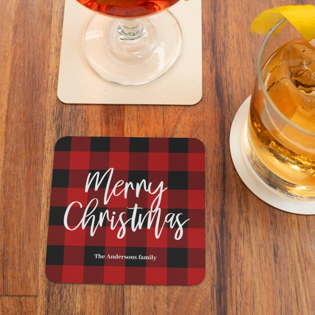 Dessous-de-verre En Verre Red Buffalo Plaid & Joyeux Noël |Nom personnel (Créateur téléchargé)