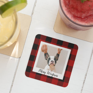 Dessous-de-verre En Verre Red Buffalo Plaid & Joyeux Woofmas Avec Photo Chie