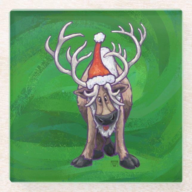 Dessous-de-verre En Verre Reindees Noël Sur Vert (Devant)