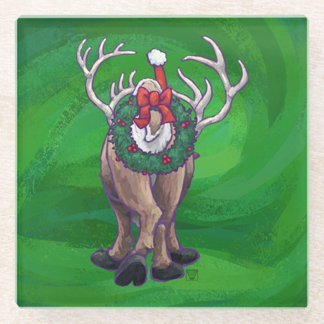 Dessous-de-verre En Verre Reindees Noël Sur Vert (Devant)