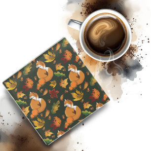 Dessous-de-verre En Verre Renard roux Feuilles d'automne Glands Motif vert