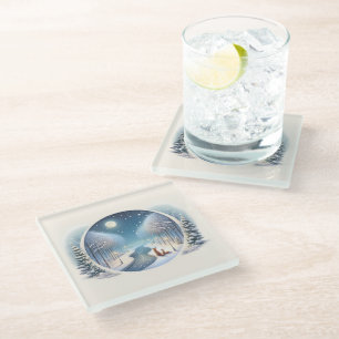 Dessous-de-verre En Verre Renards d'hiver au bord d'une rivière enneigée sou
