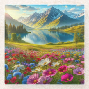 Dessous-de-verre En Verre Ressort coloré/lac de montagne fleuri
