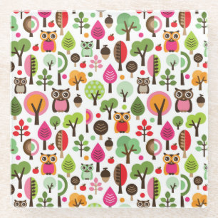 Dessous-de-verre En Verre rétro motif de hibou d'arbre rose de feuille
