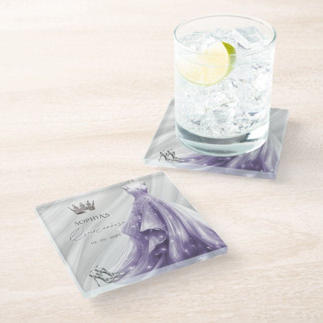 Dessous-de-verre En Verre Robe violette argentée Princesse Quinceañera (Incliné)