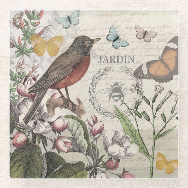 Dessous-de-verre En Verre Robin Elegant Bird Butterfly French Art (Devant)