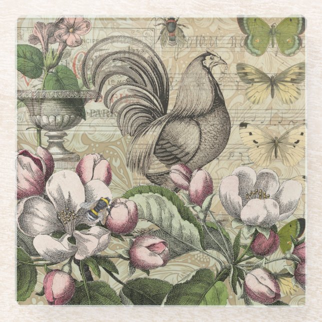 Dessous-de-verre En Verre Rooster Garden Flower Papillon Art (Devant)
