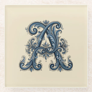 Dessous-de-verre En Verre Rosemaling Monogram Bleu de Prusse