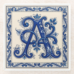 Dessous-de-verre En Verre Rosemaling Monogram Bleu de Prusse