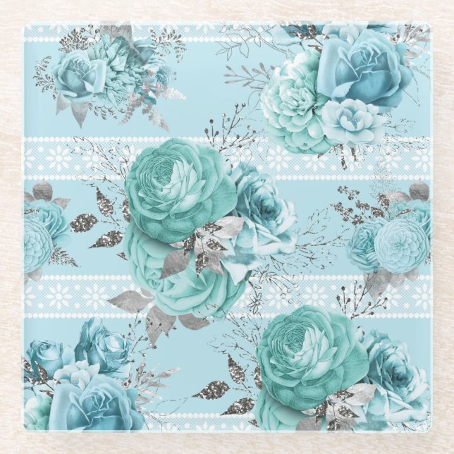 Dessous-de-verre En Verre Roses bleus avec dentelle (Devant)