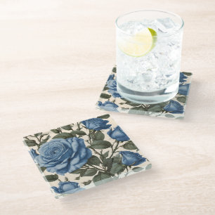 Dessous-de-verre En Verre Roses Bleus Et Feuilles Verts,