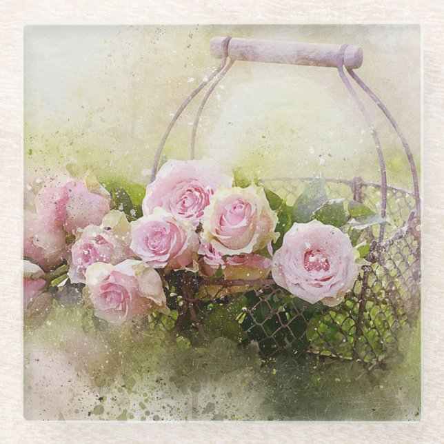 Dessous-de-verre En Verre Roses roses et panier rose (Devant)