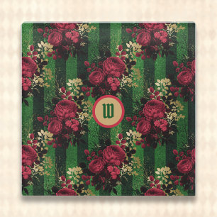 Dessous-de-verre En Verre Roses rouges gothiques et rayures avec initiale