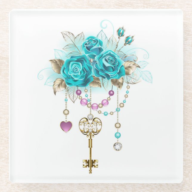 Dessous-de-verre En Verre Roses turquoise avec touches (Devant)