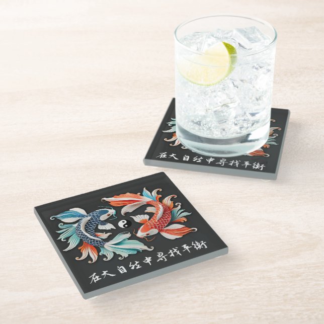 Dessous-de-verre En Verre Rouge et bleu Koi Prospérité Yin Yang (Incliné)