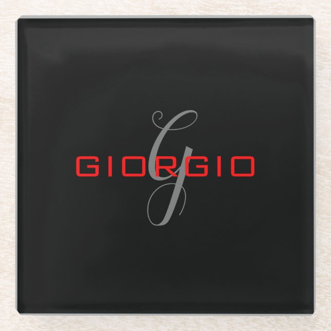 Dessous-de-verre En Verre Rouge noir Votre nom Monogramme initial Moderne (Devant)