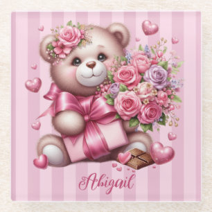 Dessous-de-verre En Verre Saint Valentin Amour Rose Ours
