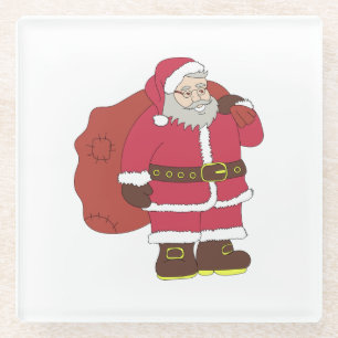 Dessous-de-verre En Verre Santa Claus en rouge avec sac cadeau et lunettes