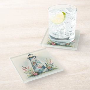 Dessous-de-verre En Verre Scène florale côtière du phare patchwork