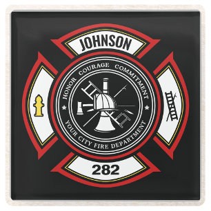 Dessous-de-verre En Verre Service d'incendie AJOUTER LE NOM Pompier Insigne 