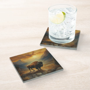 Dessous-de-verre En Verre Silhouette du coucher de soleil de bison de buffle
