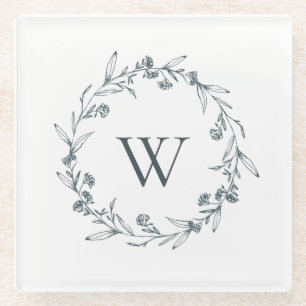 Dessous-de-verre En Verre Simple Elégant Gris Floral Laurel Wreath Monogramm