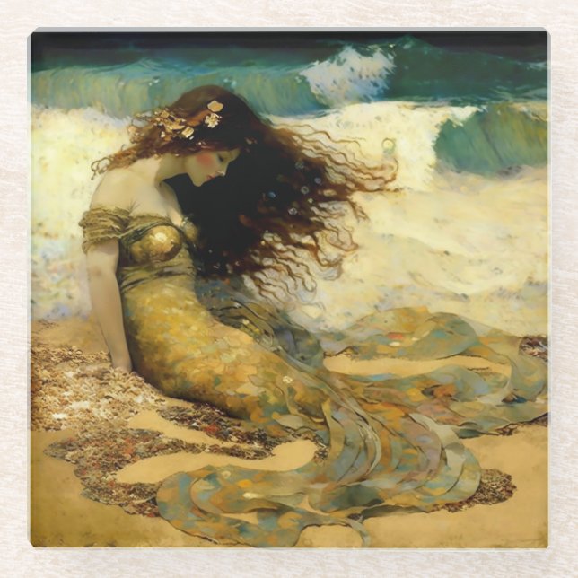 Dessous-de-verre En Verre Sirène sur les sables d'or (Devant)