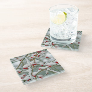 Dessous-de-verre En Verre Snowy Red Berries scène d'hiver