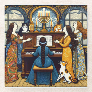 Dessous-de-verre En Verre Soirée de sécession viennoise avec Chats, Hannukah