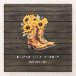 Dessous-de-verre En Verre Sunflowers Cowboy Boots Barre Bois Mariage de l'Ou