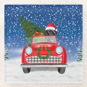 Dessous-de-verre En Verre Super Dane Chien Conduite Voiture En Neige Noël